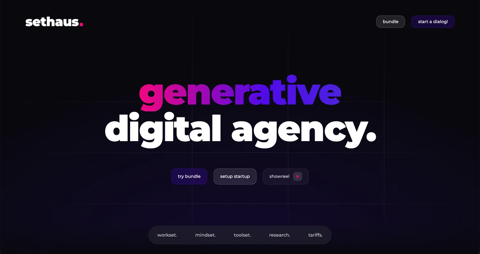 Sethaus homepage with its generative digital agency statement and creative work navigation.