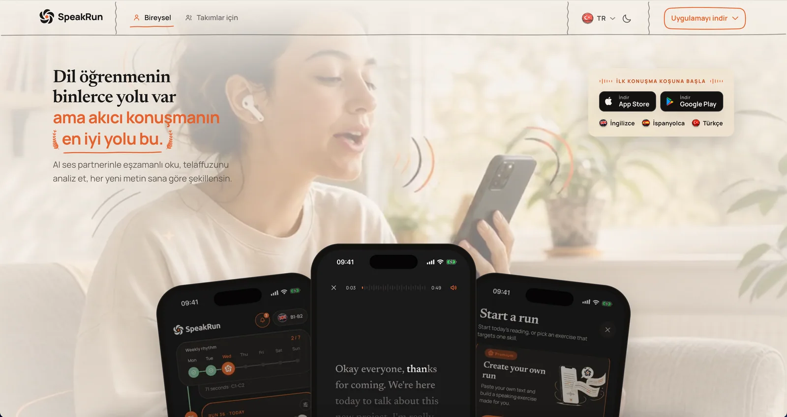 SpeakRun homepage showing speaking practice with a voice partner and its mobile reading and pronunciation interface.