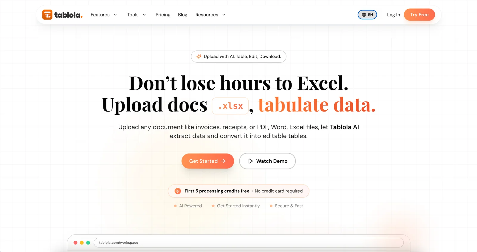 Tablola homepage explaining how uploaded invoices, PDFs, Word and Excel documents become editable tables.